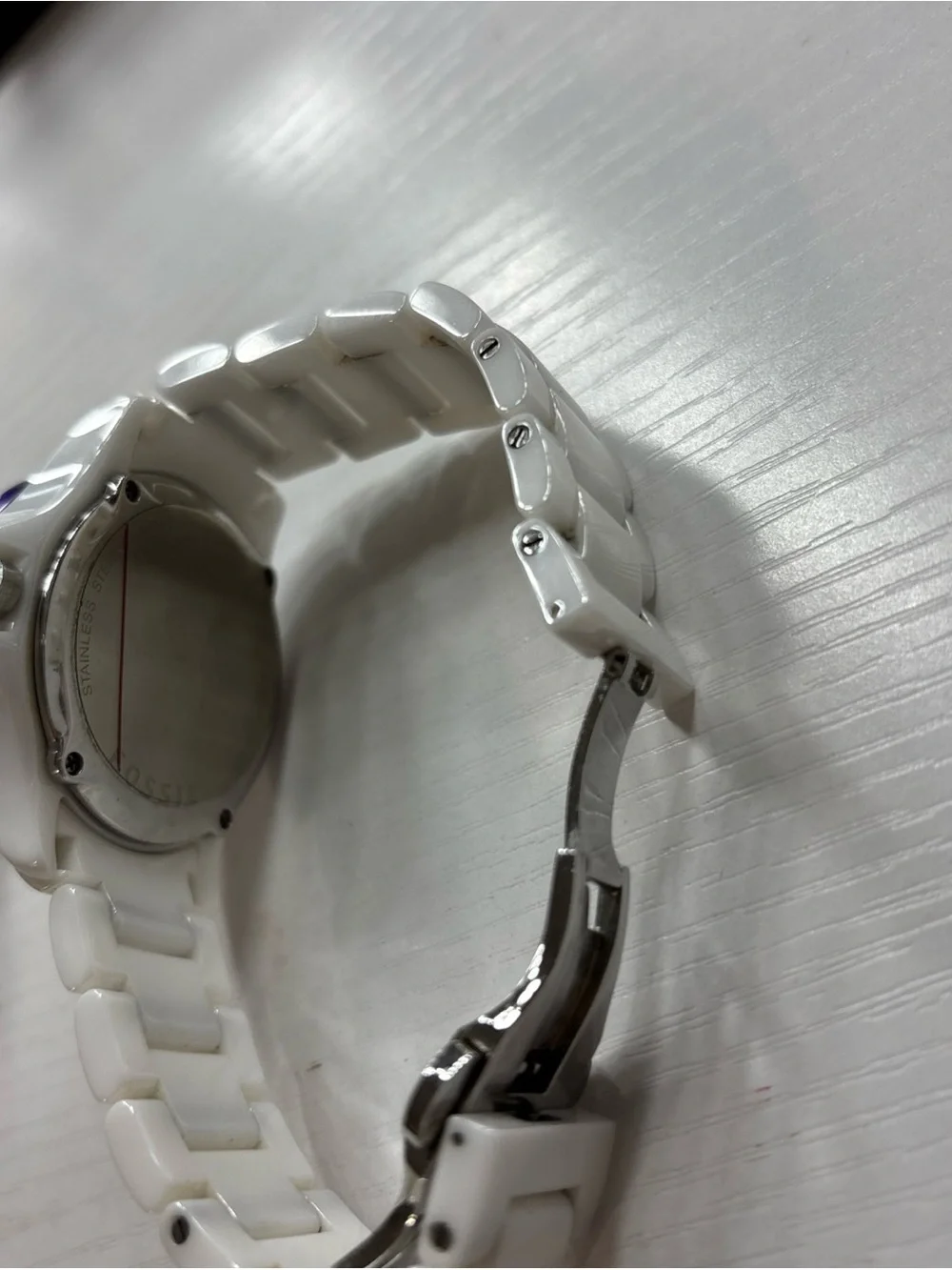 Fossil Ladies Watch White Ceramic W/Purple Tone FB-01 5ATM  CE1050 Needs Battery